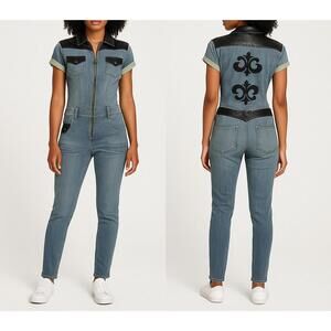 Dereon Women’s Denim Jumpsuit – Faux Leather Accents, Short Sleeve, Size S